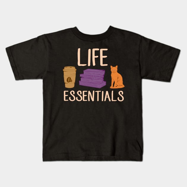 Cute Life Essentials Are Coffee, Books, and Cats Kids T-Shirt by theperfectpresents